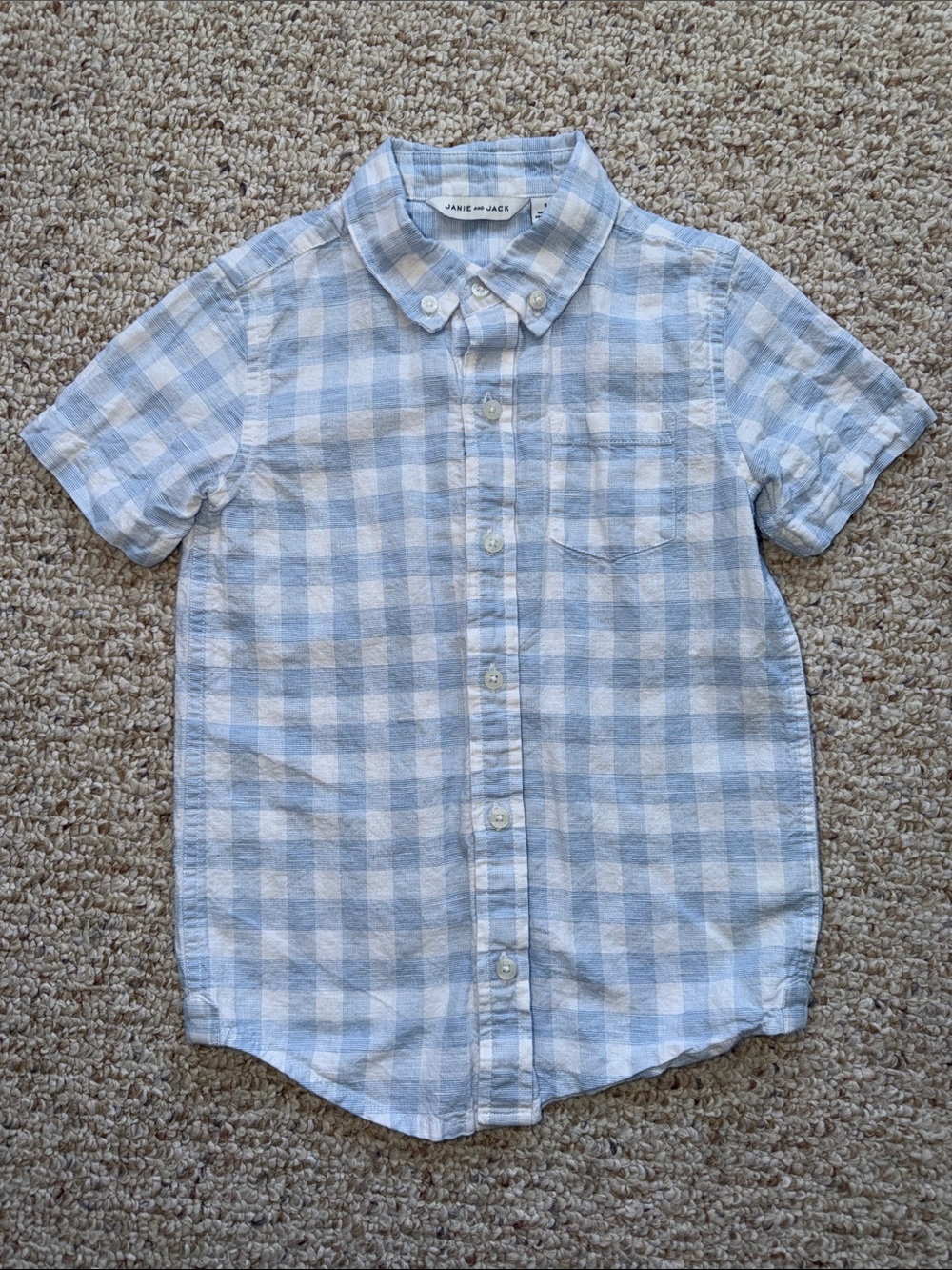 Janie and Jack Light Blue and White Gingham Linen Short-Sleeve Button-Down Shirt